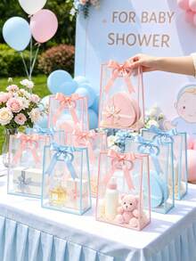 24/12/1pc Transparent Gift Bag With Ribbon, 7x10x3.15 Inch Reusable PP Holiday Gift Bag, Suitable For Baby Shower, Graduation, Wedding, Bridal Shower, Birthday Party, Business Occasions, With Hollow Handle, Gender Reveal Party Gift Bag, Guest Favors (Pink And Blue) - Multicolor - View 7