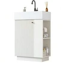 55cm Freestanding Washbasin Unit With Grooved Wood Finish, High-Quality Ceramic Basin, Removable Toilet Paper Holder And Well-Designed Storage Space – Tap Not Included, Grey - White - View 1