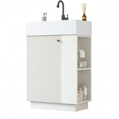 55cm Freestanding Washbasin Unit With Grooved Wood Finish, High-Quality Ceramic Basin, Removable Toilet Paper Holder And Well-Designed Storage Space – Tap Not Included, Grey - White - View 1