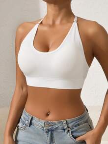 Runway Rest 1pc Women's Solid Color Halter Neck Sports Bra, Removable Padding Fitness Yoga Backless Comfortable Sports Underwear - White - View 9