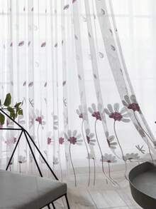 1件韓式溫柔風雛菊刺繡透視窗簾，羅紋口袋式，飄落花瓣與蜻蜓圖案裝飾薄紗窗簾 - 彩色 - 查看 10