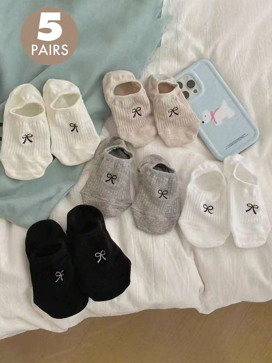 5雙精美蝴蝶結透氣吸汗黑白配色小量款防滑百搭女款低筒船襪 - 彩色 - 查看 1