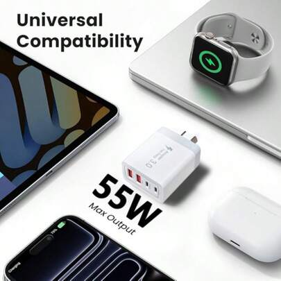 55W Dual Port Wall Charger, 1 USB-A And 1 USB-C, AU Plug, Supports PD And QC Power Protocols, Compatible With IPhone 11–17 And S23–S26, Compact Design, Suitable For Home, Office And Travel Use
