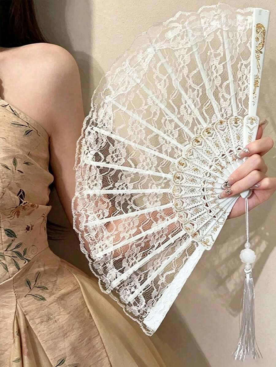 1pc Vintage French Lace Tassel Folding Hand Fan, Fashionable And Portable, Suitable For Summer Dance - Multicolor - View 1