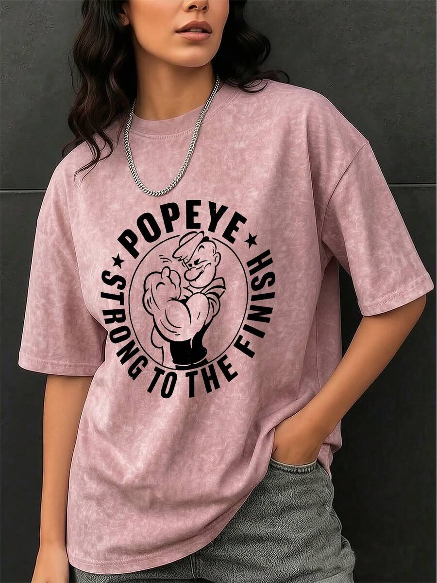 Camiseta de manga corta con cuello redondo para mujer, nuevo estampado de dibujos animados y letras de verano, top casual holgado y versátil, uso diario de moda en color rosa - Rosa - Ver 1