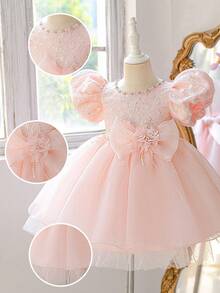 Young Girls Puff Sleeve Faux Pearl Rhinestone Sequin Embroidered 3D Flower Satin Starry Tulle Flower Girl Dress, Headband Not Included - Baby Pink - View 7
