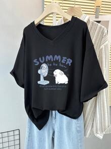 Kaos Wanita Ukuran Besar Warna Hitam Kerah V, Atasan Lengan Pendek Kasual Motif Kelinci Musim Panas - Hitam - View 1