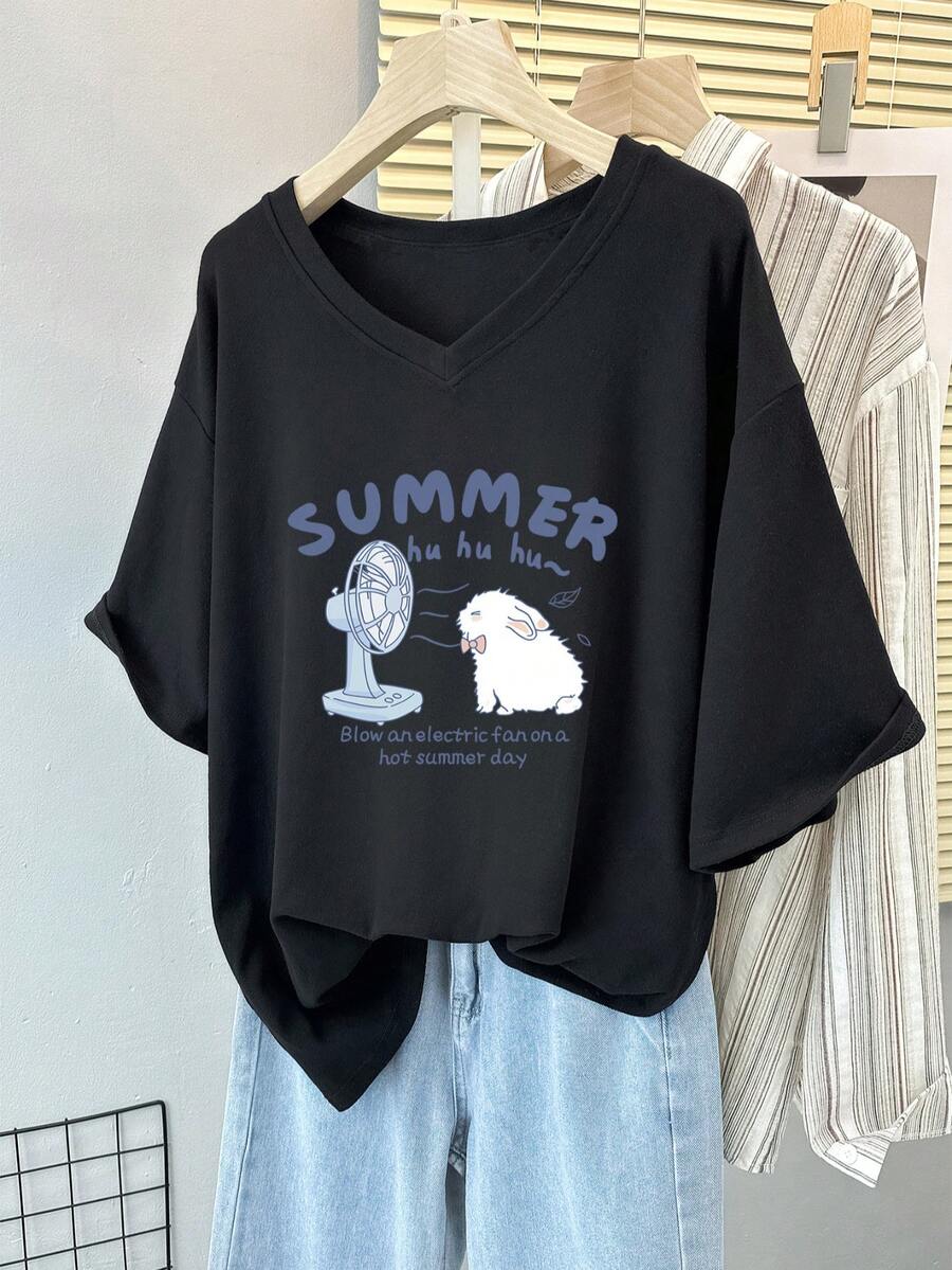 Kaos Wanita Ukuran Besar Warna Hitam Kerah V, Atasan Lengan Pendek Kasual Motif Kelinci Musim Panas - Hitam - View 1