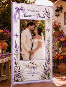 1pc Lavender Spanish Wedding Photo Booth Frame, Printed With Recuerdos De Nuestra Boda And Con Todo Mi Amor, Floral, Bowknot And Ring Patterns, Polyester Rectangular Hollow Background Cloth With 4 Metal Grommets, Suitable For Wedding Reception, Bridal Shower And Photo Decoration - Multicolor - View 3