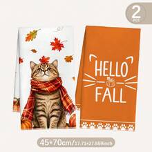 MEMNUN 2 Pcs Autumn Cute Striped Scarf Cat Print Pattern Kitchen Towel Dishcloth, Ultra-Fine Microfiber Polyester Material, Autumn Maple Leaf Pumpkin Hello Fall Decorative Hand Towel, Thanksgiving Home Fabric Hanging Towel, Home Decor, Kitchen Decor, Fall Decor, Suitable For Restaurant, Kitchen, Home Decoration And Gift, 40*60cm/45*70cm - Multicolor - View 13