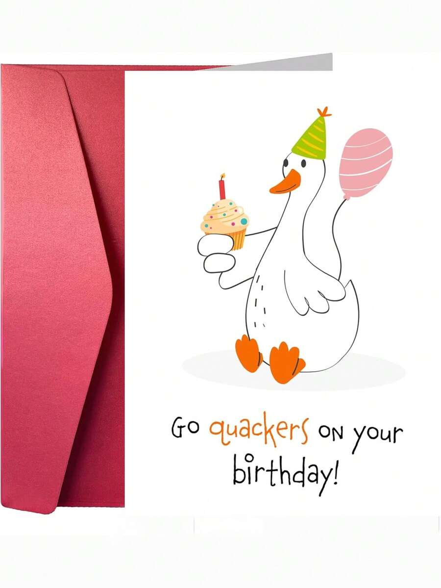 1Pc Cute Hand Drawn Duck Birthday Greeting Card, Pun Quote "Go Quackers On Your Birthday", Party Hat Cupcake & Pink Balloon Illustration, Minimal White Background Sweet Animal Lover Gift - Multicolor - View 1