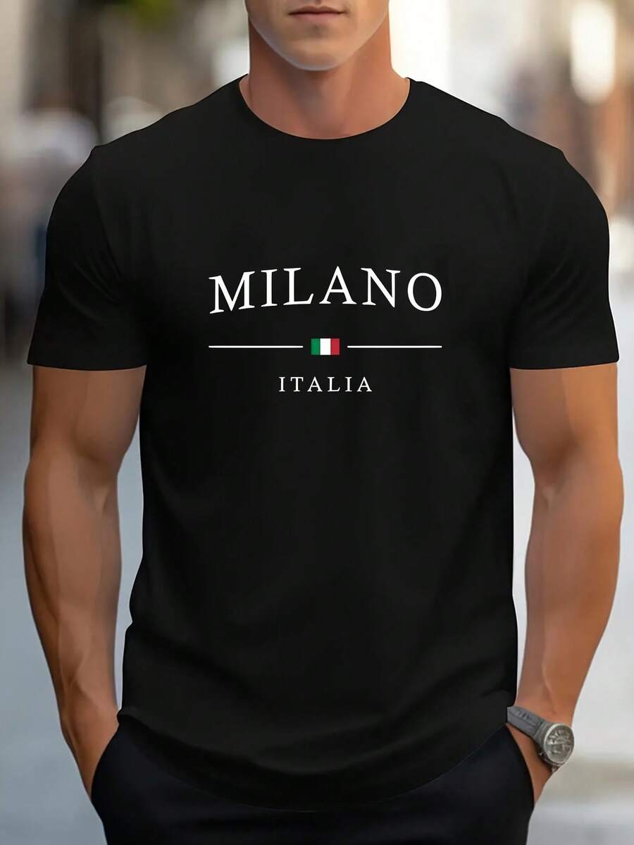 New Men's Fashion With Unique Pattern Print, Comfortable T Short-Sleeved Breathable Sports Shirt For Casual Daily Outdoor Activities And Home Use - 黑色 - 查看 1