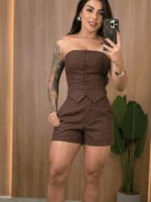 Women's Tailored Set: Dress Shorts And Strapless Top - 巧克力棕 - 查看 1