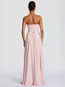 Women's Strapless Satin Corset Mini Dress - Draped Ruched Bodycon With Detachable Sash, Elegant For Party Cocktail & Wedding Guest - Pink - View 2