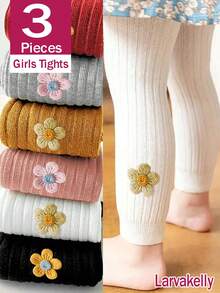 3 Pairs Sweet Cute Floral Decor Ribbed Tight Leggings For Baby Girls, Versatile All-Season Base Layer Tights For Daily Wear - Multicolor - View 1