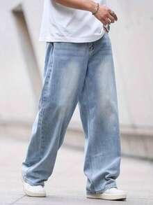 Men's Loose Fit Casual Straight Leg Jeans, Relaxed Street Style, Fashion Leisure Pants (Globally Applicable), Loose Fit - Medium Wash - View 3