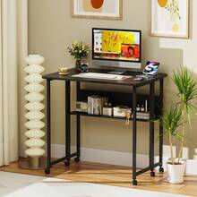 Folding Table With Wheels - Home Office Desk - 80x58x75cm - Folding Computer Desk With Bookshelf - Portable Mobile Workstation - Suitable For Small Spaces - Black - View 4