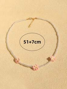 1pc Delicate Cute Pink Plumeria Beaded Collarbone Necklace, Suitable For Women's Daily Wear, Party, Outing - beaded necklace - View 3