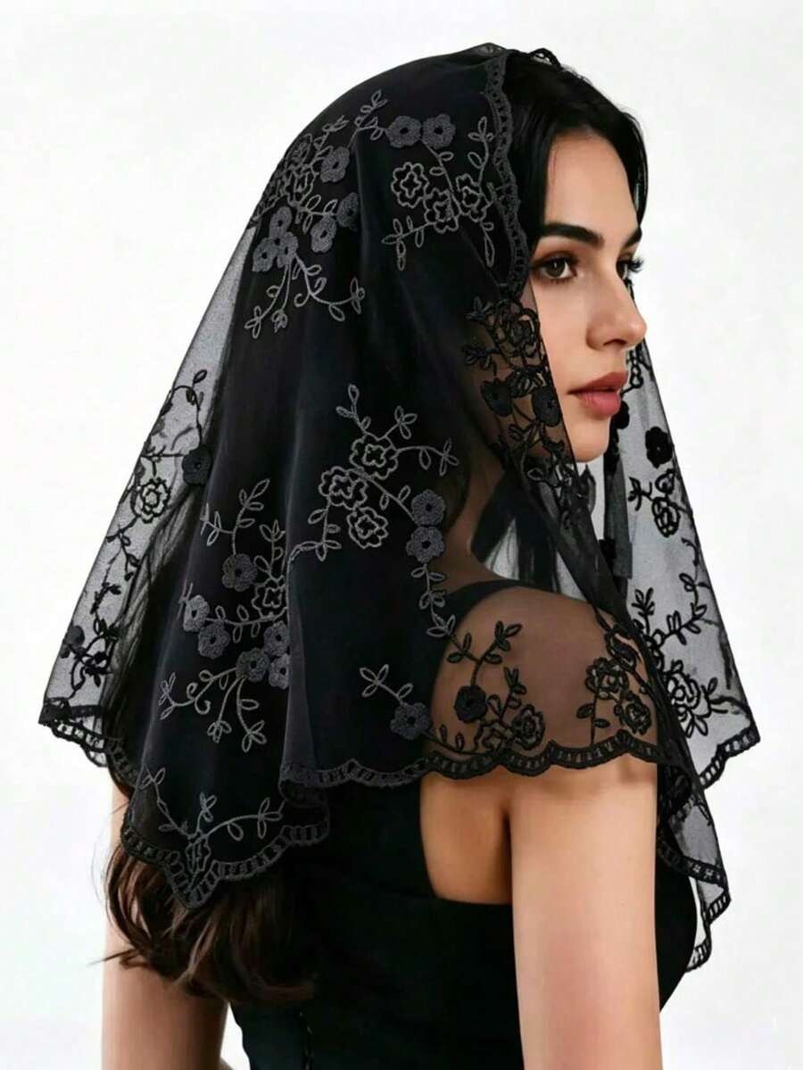 1pc Women's Spring/Autumn Versatile Transparent Lace Printed Triangular Scarf - Multicolor - View 1