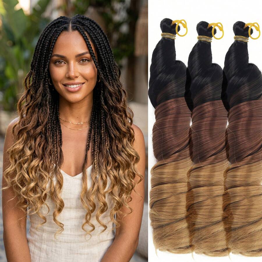 3pcs/Pack 24 Inch Pre-Stretched French Curl Crochet Braids, Loose Wave Synthetic Curly Hair, Suitable For Women - Multicolor - View 1