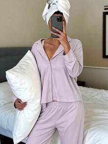 Nina Bonheur 2pcs Women Lapel Button Long Sleeve Top + Elastic Waist Pants Pajama Set - Purple - View 5