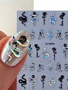 12Pcs Holographic Silver Butterfly & Snake Nail Stickers, Laser Metallic Rose Moon Star Butterfly Tiny Star Glitter Self-Adhesive Nail Decals, For Galaxy & Space Themed Manicure Accessories DIY Nail Art Supplies, Shiny Nail Decorations - Multicolor - View 5