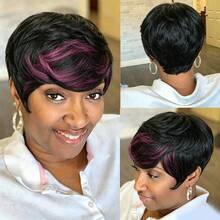Natural Ombre 1B/27 Gradient Pixie Short Wig, Full Lace Human Hair Wig, 4 Inch Short Wig, Brazilian Remy Layered Wig, Short Pixie Wig, Human Hair Wig For Women, Burgundy 1B/99J Multicolor Lace Front Wig, Halloween And Christmas Costume - S1B/99J - 查看 4