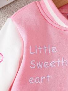 MYVLNA 2pcs/Set Baby Girl Pink & White Colorblock Baseball Jacket With Pink Pleated Skirt, Letter Embroidery & Number Patch, Bow Sleeve Decor, Striped Collar & Cuffs, Button Front, Sweet Preppy Style - Pink - View 4