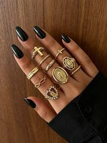 10 piezas de anillos de cruz dorados vintage, anillos apilables de banda fina con cruz hueca tallada y corazón, conjunto de joyería de mano versátil y personalizado de estilo hip hop para mujeres - Dorado - Ver 2