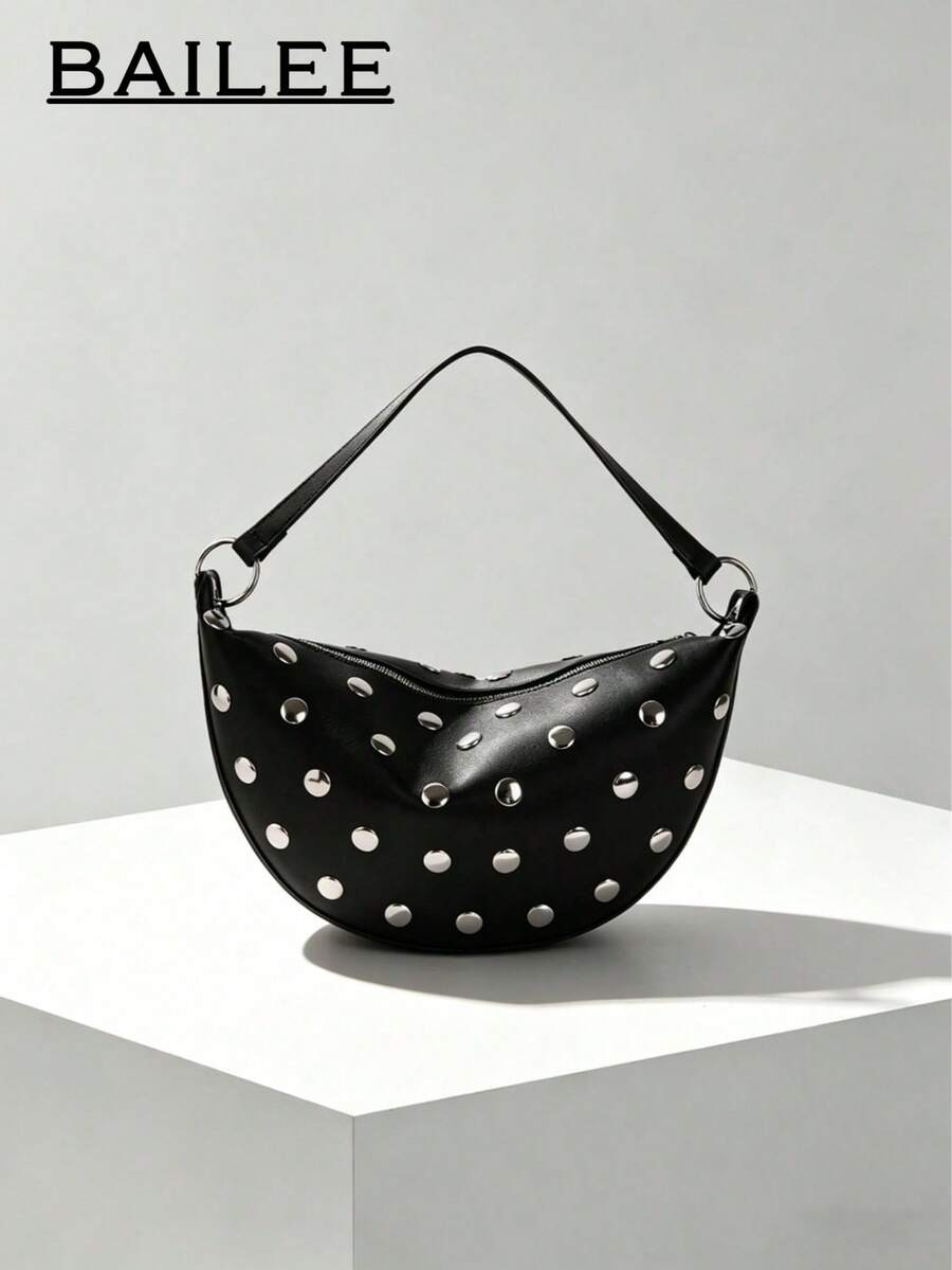 BAILEE Stylish, Solid-Colored PU Women's Handbag With All-Over Studs And A Saddle-Style Design. Perfect For Outfits And As A Gift.