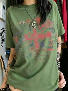 Vintage Union Jack Stamp Collage Oversized Tee, 100% Cotton Breathable, Street Style Casual Wear, Great Gift For Travel & Retro Fashion Lovers - 綠色 - 查看 15
