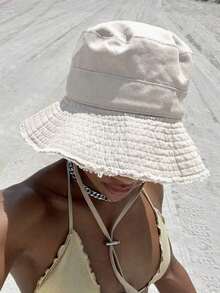 1pc Women's Drawstring Brim Bucket Hat, Outdoor Bucket Hat With Adjustable Chin Strap, Fuzzy Trim Design, Soft Fabric, Windproof, Fashionable, Suitable For Travel, Beach, Seaside Leisure, Daily Use - Multicolor - View 2