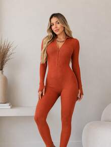 Women's Fitted Ribbed Jumpsuit With Front Zipper And Elegant Long Sleeves, Knit Fabric, Winter - Rust - View 4