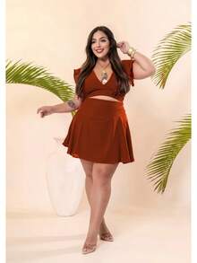 Conjunto Curve Short-saia E Cropped Amarrar Plus Size - Terracota - Visão 5