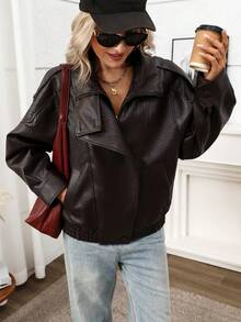 Women's Casual Fashion Black Leather Jacket Long Sleeve High Neck Loose Fit Outerwear Autumn Street Style - Coffee Brown - View 7