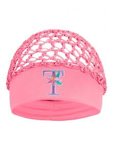 Floral Embroidered Letter Mesh Cap For Women - Personalized Initial Alphabet Elastic Wide Band Hair Bonnet, Crochet Hollow Out Night Sleep Hat - Pink - View 30