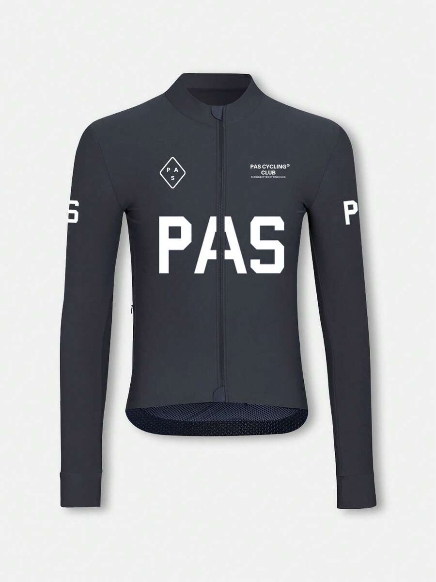 PAS CYCLING (Ajuste Slim) Maillot de ciclismo unisex, de manga larga, cuello alto, transpirable, de secado rápido, adecuado para bicicleta de montaña y bicicleta de carretera, diseño con protección UV, 3 bolsillos y 1 bolsillo con cremallera, estampado con letras PAS, excelente rendimiento y comodidad deportiva - Gris - Ver 1