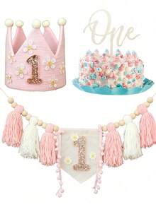 3pcs/Set Pink Birthday Decoration, Hanging Banner, Birthday Crown, Party Decoration, Photo Booth Backdrop - Pink Daisy - View 6