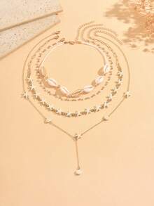 4pcs/Set Vacation Style Multi-Layer Stackable Y-Shaped Necklace Set, Fashionable Starfish Beaded Necklaces, Classic Versatile Women's Neck Jewelry, Suitable For Daily Wear, Vacation, Party And Music Festival, Chain Length Cut By Sections With Variable Number Of Segments - Multicolor - View 2