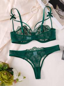 2件組女款經典黑色蝴蝶結刺繡半透胸罩，可調節肩帶 - 綠色 - 查看 3
