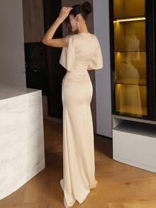 Old Money Satin Round Neck Split Short Sleeve Ruched Waist Mermaid Maxi Dress Elegant Wedding Guest Formal Evening Gown - Apricot - View 3
