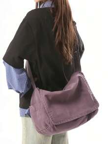 Minimalist Solid Color Versatile Thick Canvas Fabric Crossbody Bag Shoulder Bag Zipper Closure Adjustable Strap - Purple - View 2