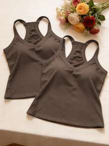 2pcs/Set Women's Summer Camisole Tank Tops, Slim Fit Solid Color Basic Style, With Chest Pads Undershirt - Multicolor - View 3
