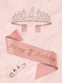 3rd To 100th Milestone Birthday Tiara & Sash Set With Pearl Brooch, Rose Gold Crystal Crown, Birthday Party Decorations Gift For Women & Girls - Multicolor - View 27