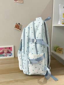 Blue & White Star Heart Backpack, Girl's Musical Note Embroidery School Bag, Birthday Gift Commuter Backpack For Middle & High School Students - Blue - View 4