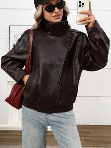 Women's Casual Fashion Black Leather Jacket Long Sleeve High Neck Loose Fit Outerwear Autumn Street Style - Coffee Brown - View 3