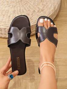 New Pure Yellow Korean Style Fashion Slippers Women Summer Outdoor Flat Vacation Beach Sandals H-Shaped Slides - Coffee Brown - View 8