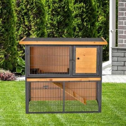 Small Animal Cage, Elevated Pet House, Cage With Lockable Door, Made Of Wood And Metal In Light Yellow, 89.5 X 45 X 81 Cm, For Rabbits And Guinea Pigs.