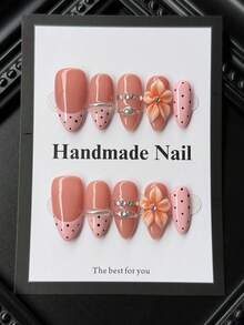 10 piezas de uñas postizas de forma almendrada hechas a mano, estilo Y2K, nude con puntas francesas rosas, lunares, flores 3D y cristales, juego de uñas postizas de acrílico de alta calidad, adecuado para el uso diario y festivo de las mujeres - Multicolor - Ver 1