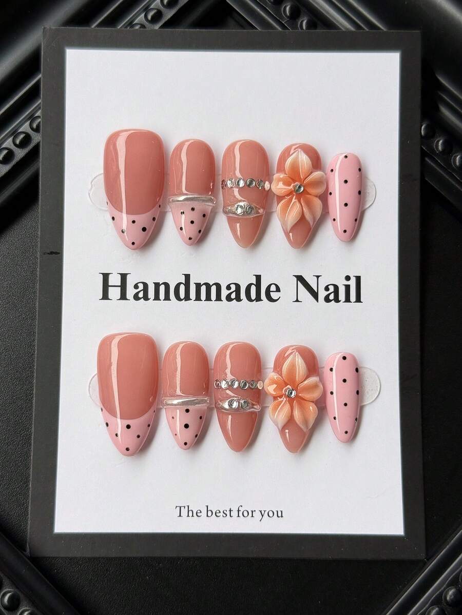 10 piezas de uñas postizas de forma almendrada hechas a mano, estilo Y2K, nude con puntas francesas rosas, lunares, flores 3D y cristales, juego de uñas postizas de acrílico de alta calidad, adecuado para el uso diario y festivo de las mujeres - Multicolor - Ver 1